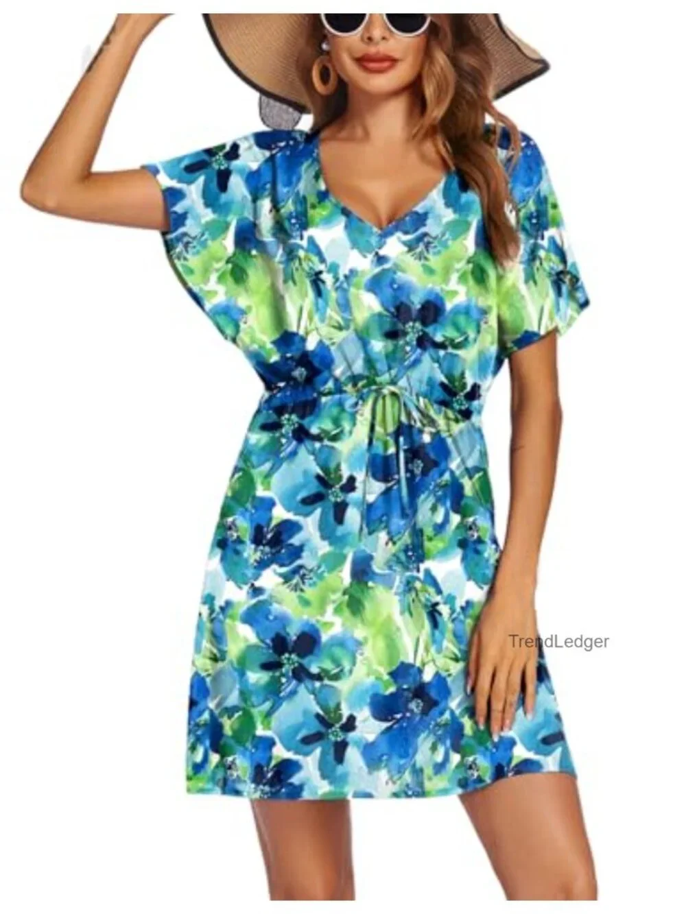 Women's Rayon Short Sleeve Swimsuit Cover Up Dress with Drawstring